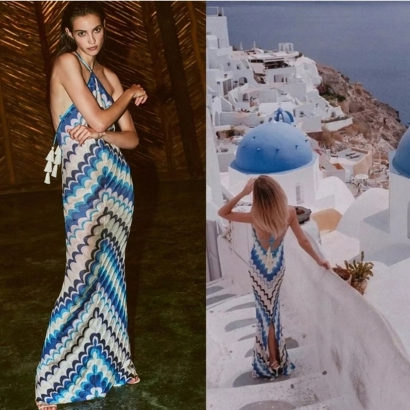 Alexis Dresses & Skirts - NEW $700 Alexis Celestia Blue Waves Sleeveless Chevron Halter Dress Sz M